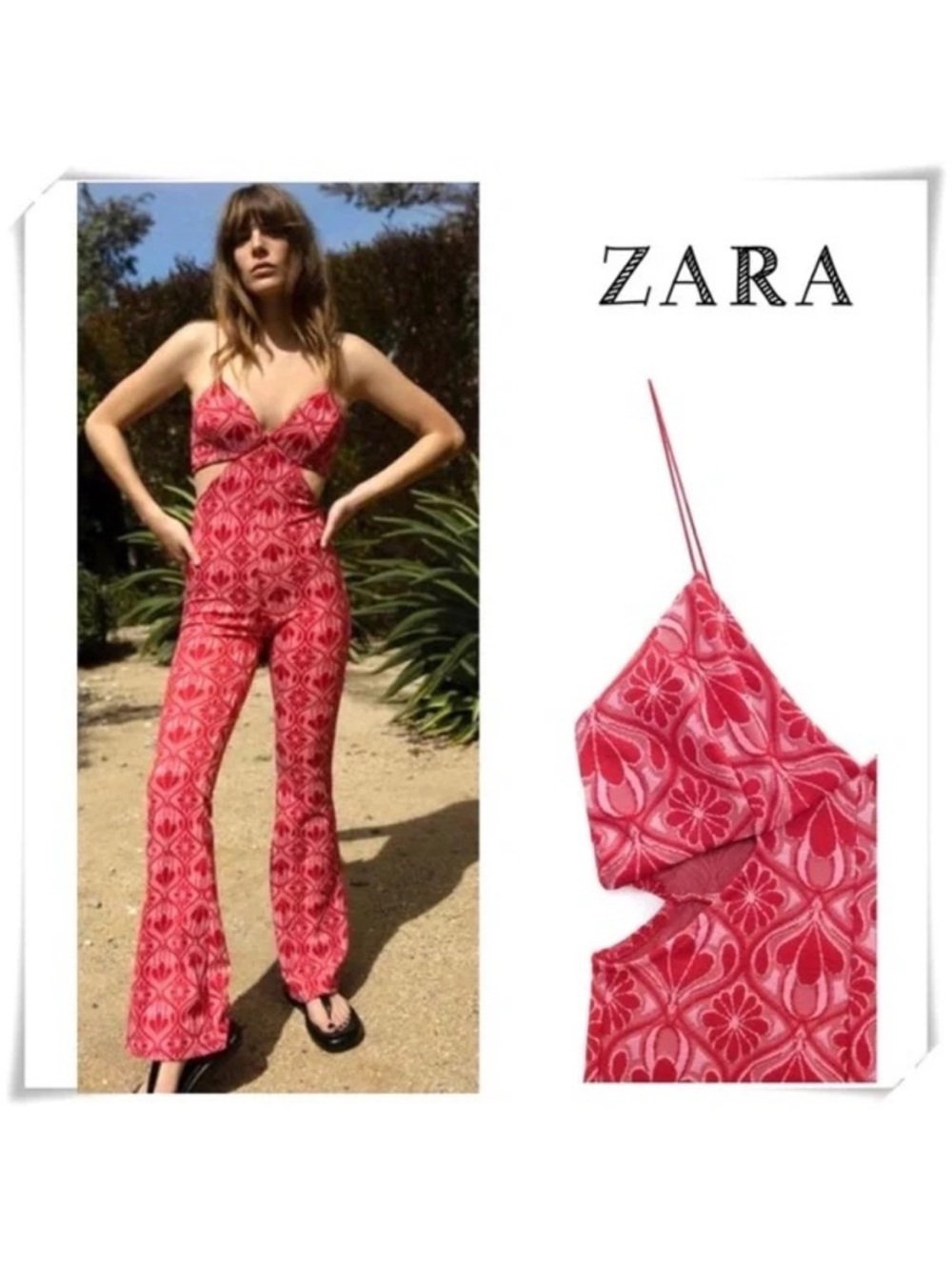 Zara Pink and Red Jacquard Cut-Out Flared Jumpsuit EUC Small